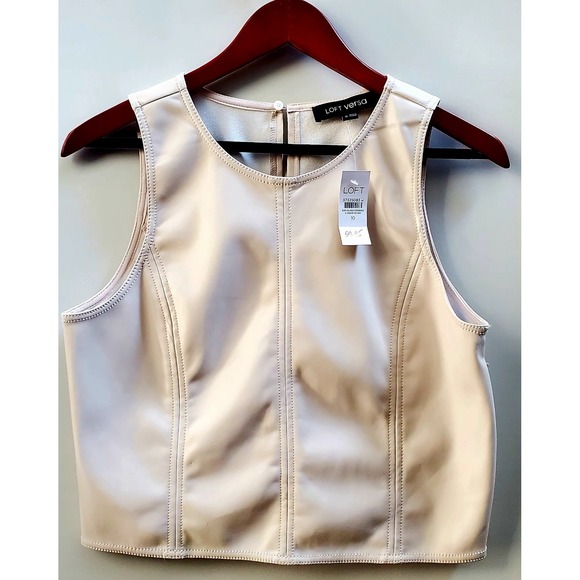 LOFT Versa 10 Cream Faux Leather Tank NWT Stitching Keyhole Button Close Pull On - Picture 1 of 9